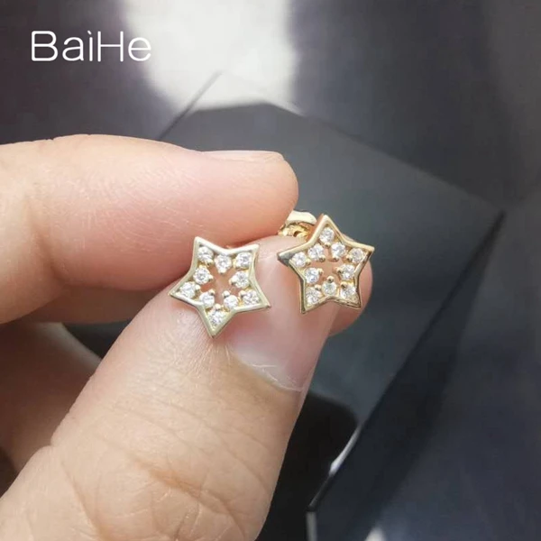 BAIHE Solid 18K желтое золото 0.01CT H/SI круглый натуральные бриллианты Свадебные модные ювелирные изделия Элегантные уникальные серьги-гвоздики
