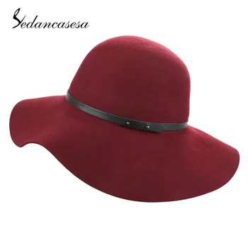 

Sedancasesa Autumn Winter Fashion Wide Brim Fedoras Hats for Women 100% Wool Bowler Floppy Feminino Sun Cap Ladies Chapeau