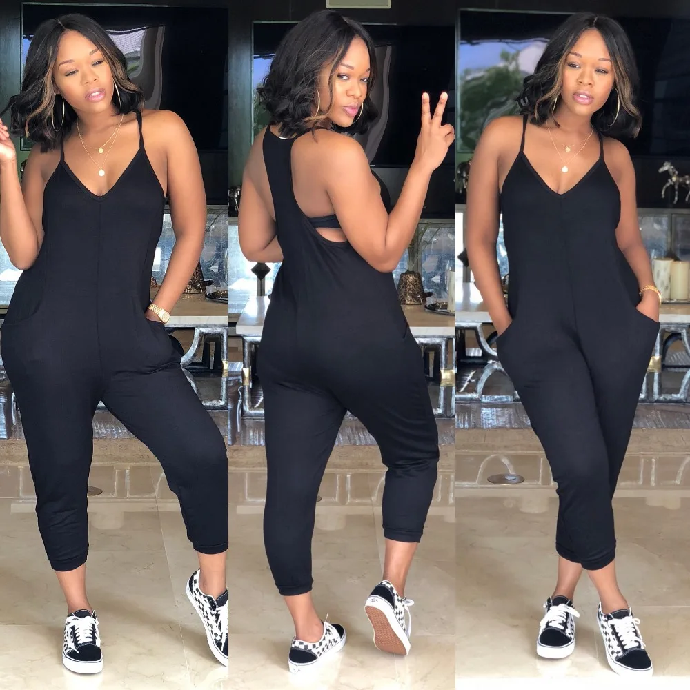 Casual Pockets Female Long Playsuit Tank 2018 Sleeveless Summer Bodysuits Sexy Spaghetti Strap V Neck Women Jumpsuits Plus Size