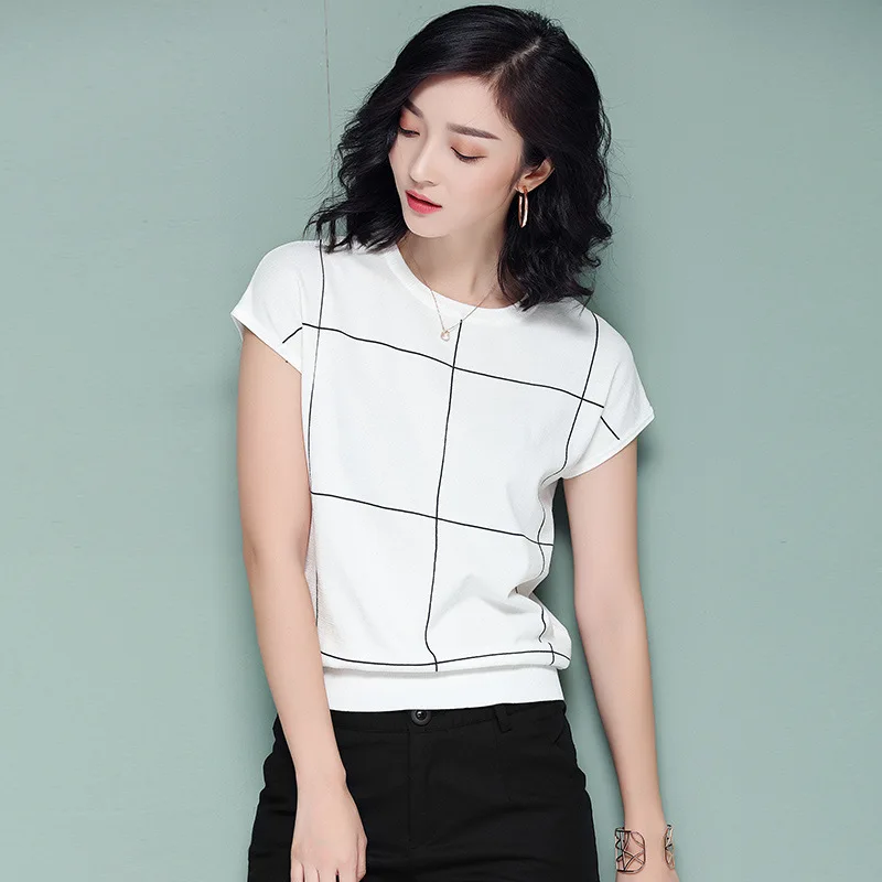 

2019 Summer New Elegant Women Sweater and Pullovers Women Plaid Thin Tops OL Office Lady knit Sweater Korean Tops AA034S50