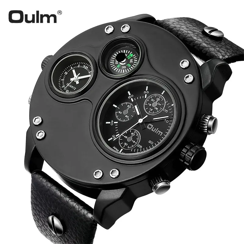 

OULM Dress Casual Quartz Watch Men Double Time Zone Oversize Black Leather Strap Unique Design Top Brand Luxury Male Wristwatch