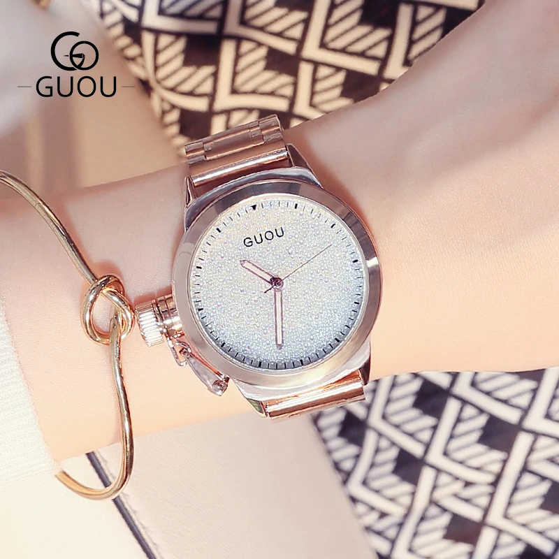 GUOU Rhinestone Bracelet Watch For Women Left Crown Rose Gold Steel Strap Band Top Brand Clock Ladies Quartz Wristwatch 8181G цена GUOU Rhinestone Bracelet Watch For Women Left Crown Rose Gold Steel Strap Band Top Brand Clock Ladies Quartz Wristwatch 8181G цены онлайн