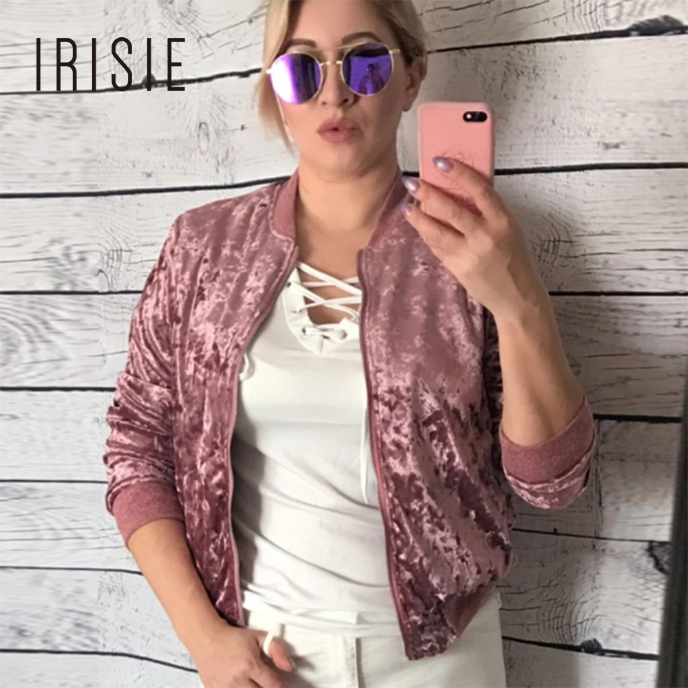IRISIE Apparel Pink Sweet Female Velvet font b Coat b font Spring Casual Slim Ribbed Basic