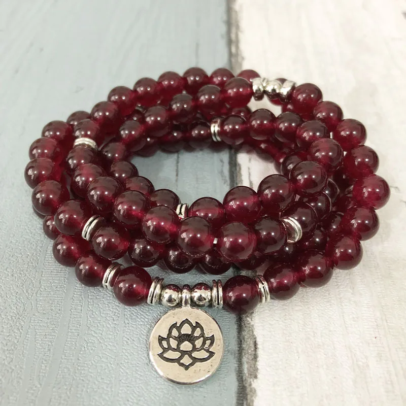 Fashion lotus Buddha bracelet Women Wine red Beads 108 Mala Yoga Om