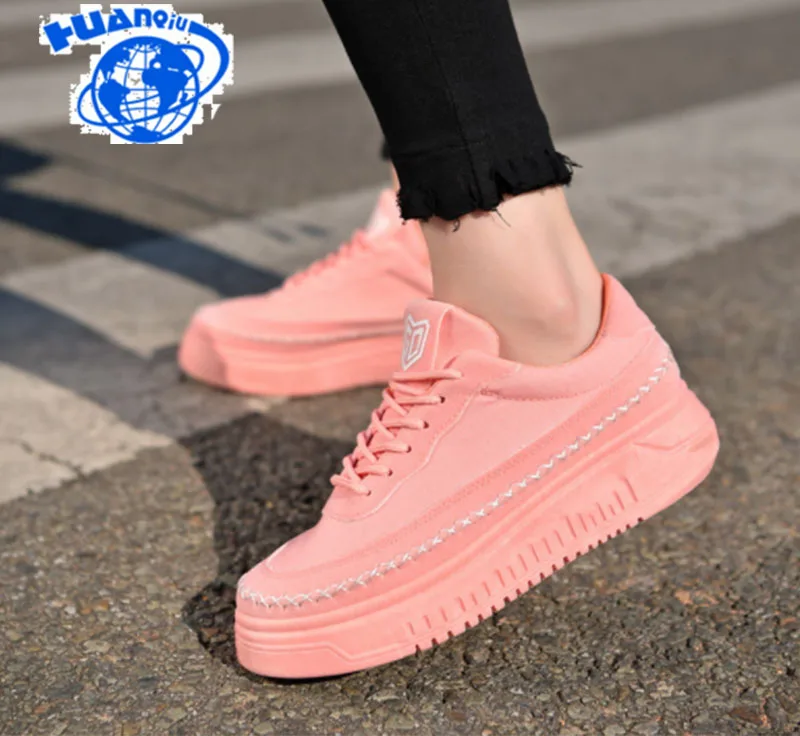 

HUANQIU Genuine Leather Women Sneakers Fashion Pink Shoes for Women Lace up White Shoes Creepers Platform Shoes ZLL59