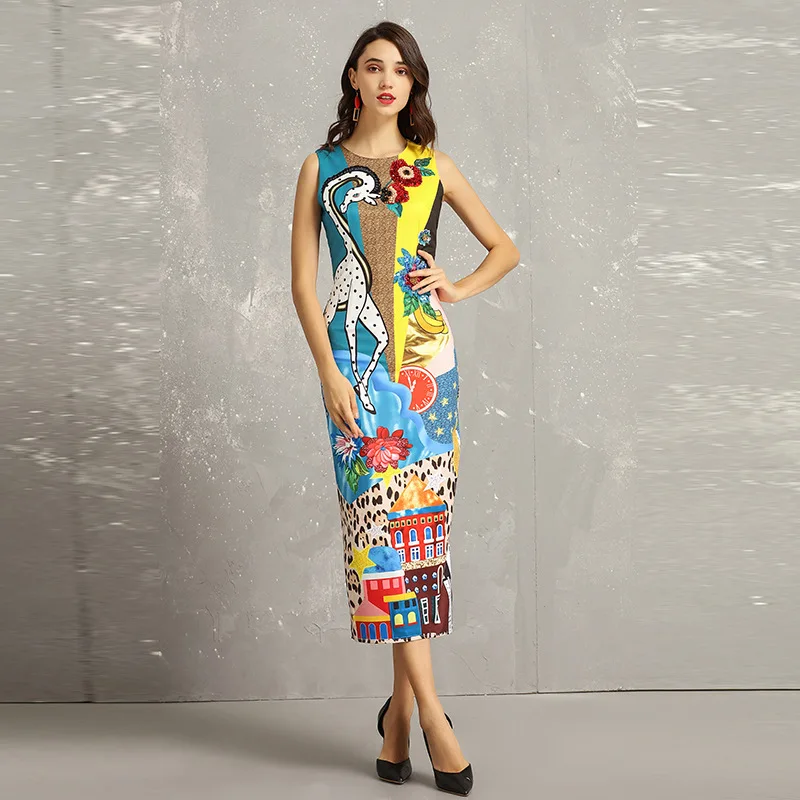 

New 2019 spring summer runways Animal print sleeveless dress Chic diamonds elegant dress D795