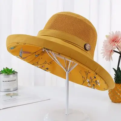 Горячая 6 цветов шляпы ведра для женщин двухслойные Цветочные сетки дышащая Солнцезащитная шляпа женская шляпа для рыбалки хлопок женская шапка с кошкой - Цвет: mango yellow