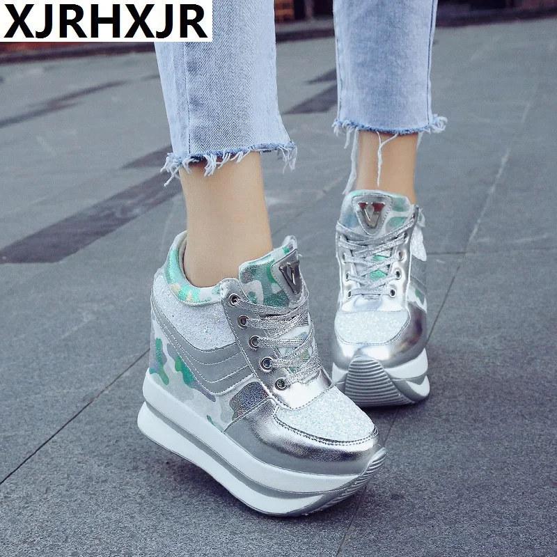 

XJRHXJR 2019 Autumn Women Wedges Shoes High Top Fashion Women Casual Shoes Female Height Increasing Platform Women Sneakers 11CM
