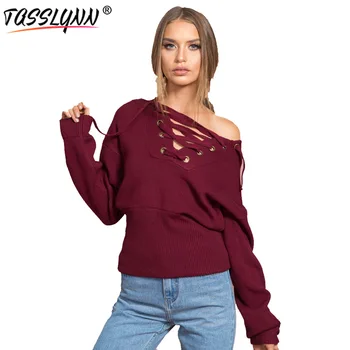 

TASSLYNN Sweaters Fashion 2018 Women Regular Pullovers Warm Winter Autumn Office Lady Lace Up Sweaters Knitted Sweater Black
