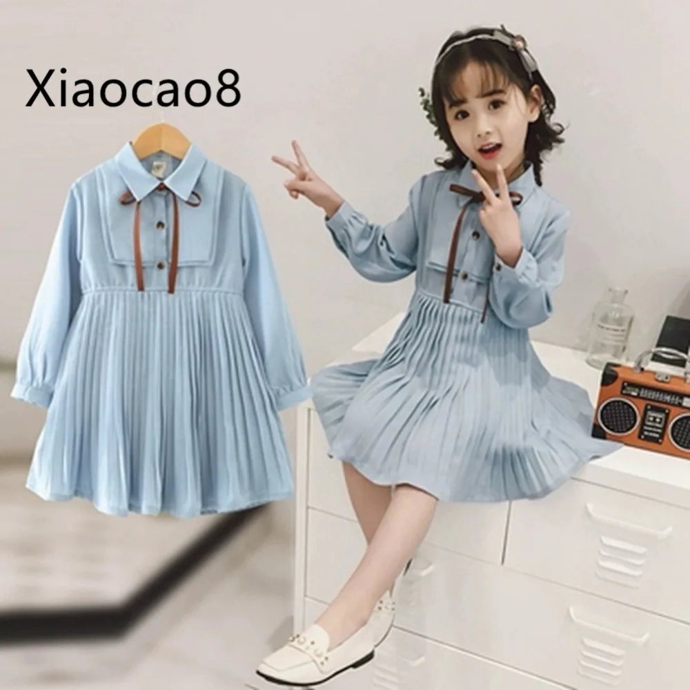 Г. Весенние синие шифоновые платья с длинными рукавами для девочек, летняя одежда в консервативном стиле модное платье милые платья для маленьких девочек От 4 до 9 лет