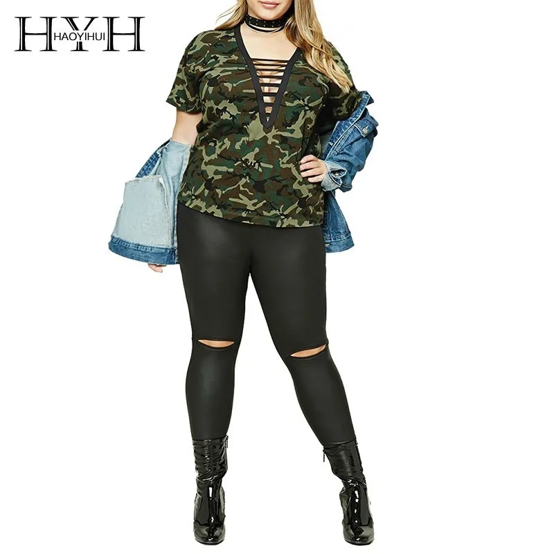 

HYH Haoyihui Plus Size Women Hollow Out Tops Patchwork Loose Casual Camouflage Female Large Size Lady Clothing T-shirts