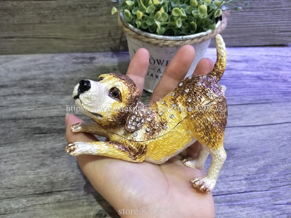 2018 Golden Dog TRINKET BOX Puppy Dog Figurine Rhinestone Enamel Dog Trinket Hinged Gift Jewelry Box Newest Dog Trinket