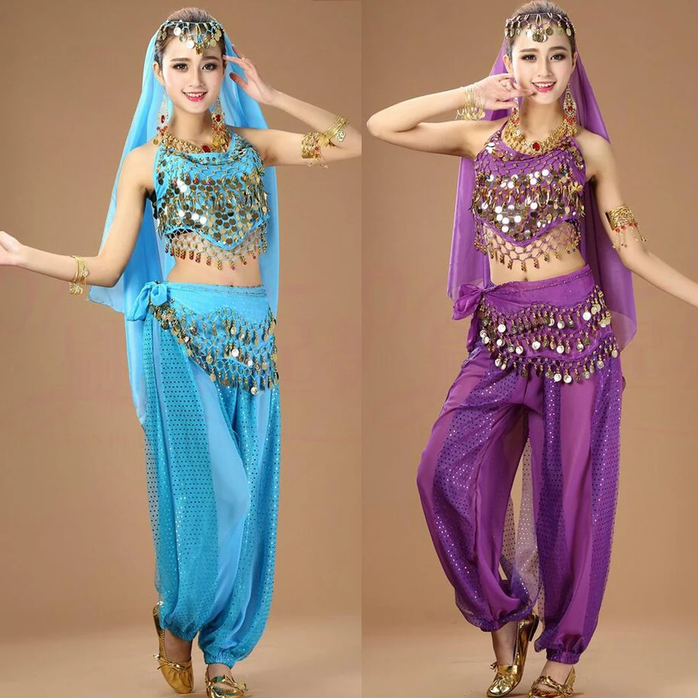 Girls Sequined Ballroom Bollywood Dancing dress Indian Belly Party Dance wear Costumes Suits Set For Women Chiffon belly Outfits