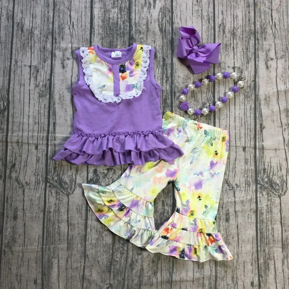 

Summer girls clothes lavender floral flower pattern ruffle milk silk cotton capris kids boutique outfits with match accessories