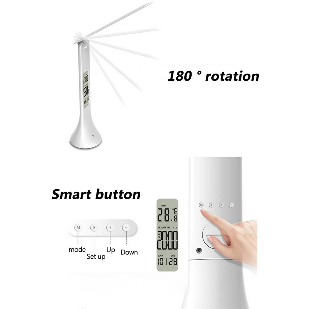 Светодиодный настольная лампа с регулируемой яркостью сенсорный Настольная лампа с Календарь Будильник температура стол фары ночные огни