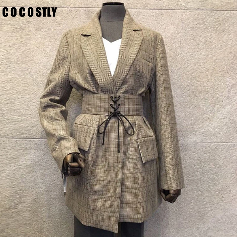 

2019 Autumn Winter Blazer Women Long Sleeve Notched Collar Belt Plaid Suit Button Slim Pockets Office Lady Jacket Women Clothing