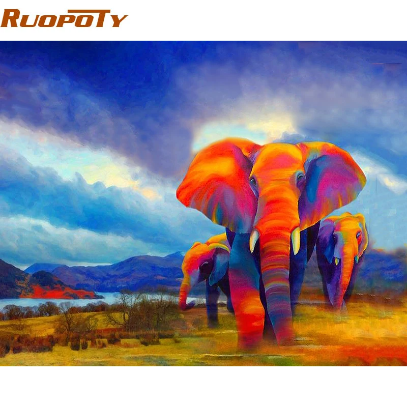 RUOPOTY DIY painting by numbers colorful Elephants modern wall art