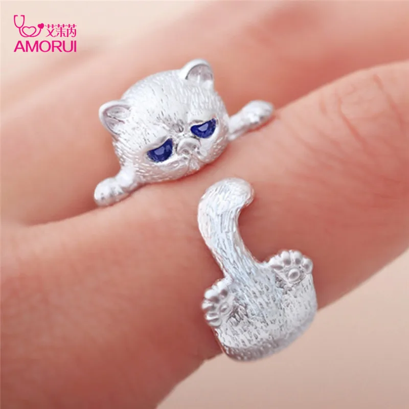 

AMORUI Cute Blue Eyes White Cat Alloy Party Silver Ring Fashion Adjustable AAA Zircon Rings For Women Jewelry Gifts Dropshipping