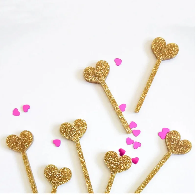 Laser Cut Mini Gold Glitter Plastic Acrylic Heart Cupcake Toppers 10PCS