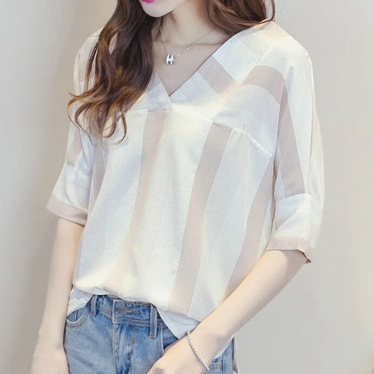New Striped Blouses Women Shirts Ladies 2018 Summer Half Sleeve Womens Tops And Blouses V-neck Cotton Linen Blusas Femininas  (1)