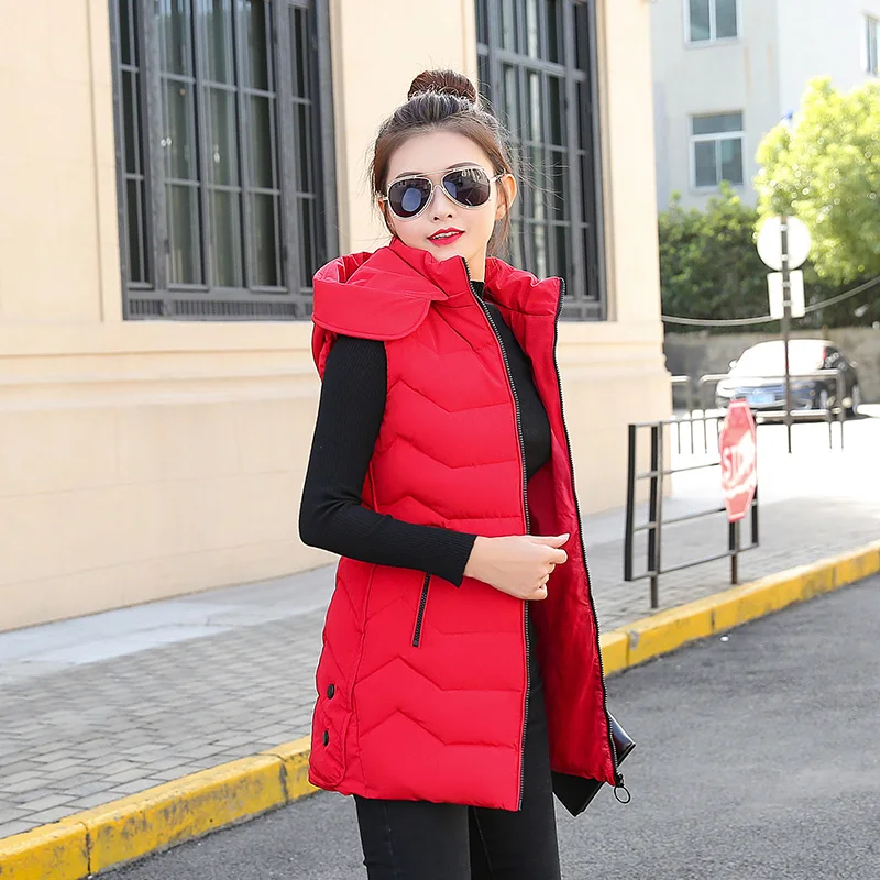 

2019 winter women's new women's vest long slim zipper hooded down cotton warm jacket Vest