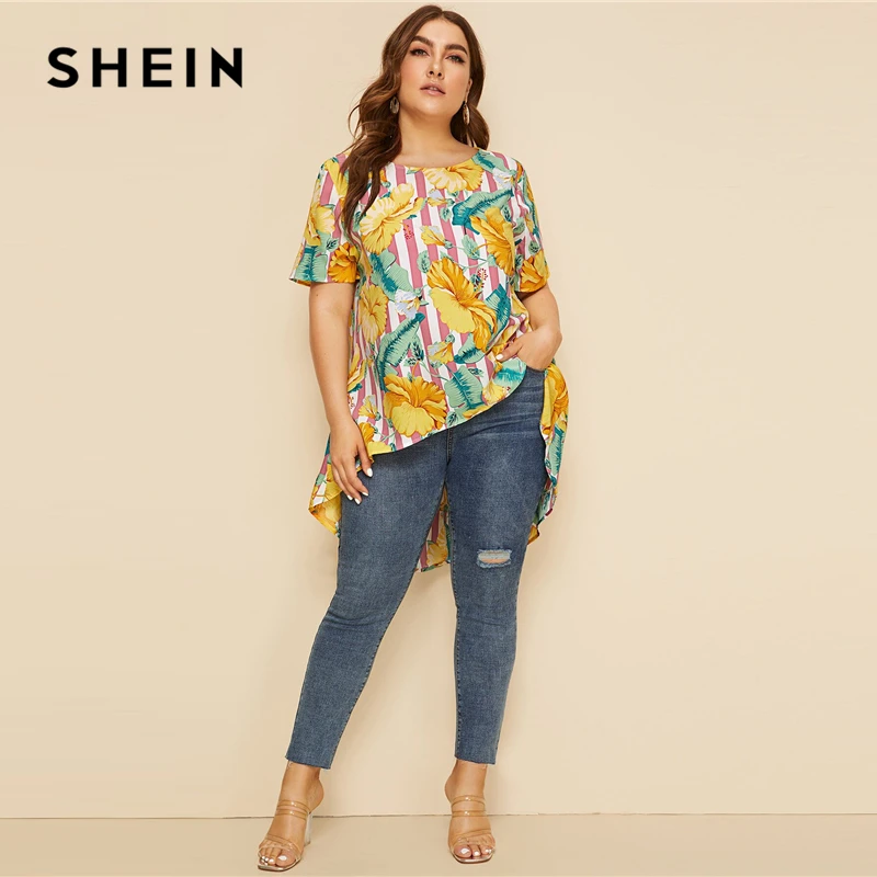 SHEIN زائد حجم متعدد الألوان غير المتكافئة تنحنح الاستوائية و شريط طباعة بلوزة 2019 الصيف بوهو الأزهار الخيوط الطويلة البلوزات قميص