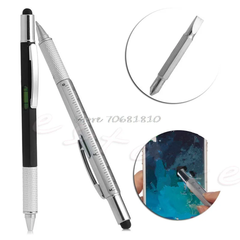 

6 In 1 Stylus Ballpoint Pen With Spirit Level Ruler Screwdriver Tool New Drop Shipping