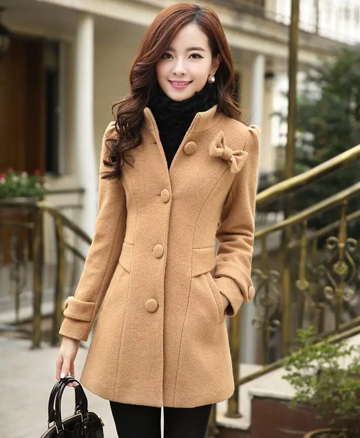 Новинка, модное зимнее женское теплое шерстяное пальто с бантом, однобортное, элегантное, с длинным рукавом, тонкое, для женщин, Толстая шерстяная Верхняя одежда W551