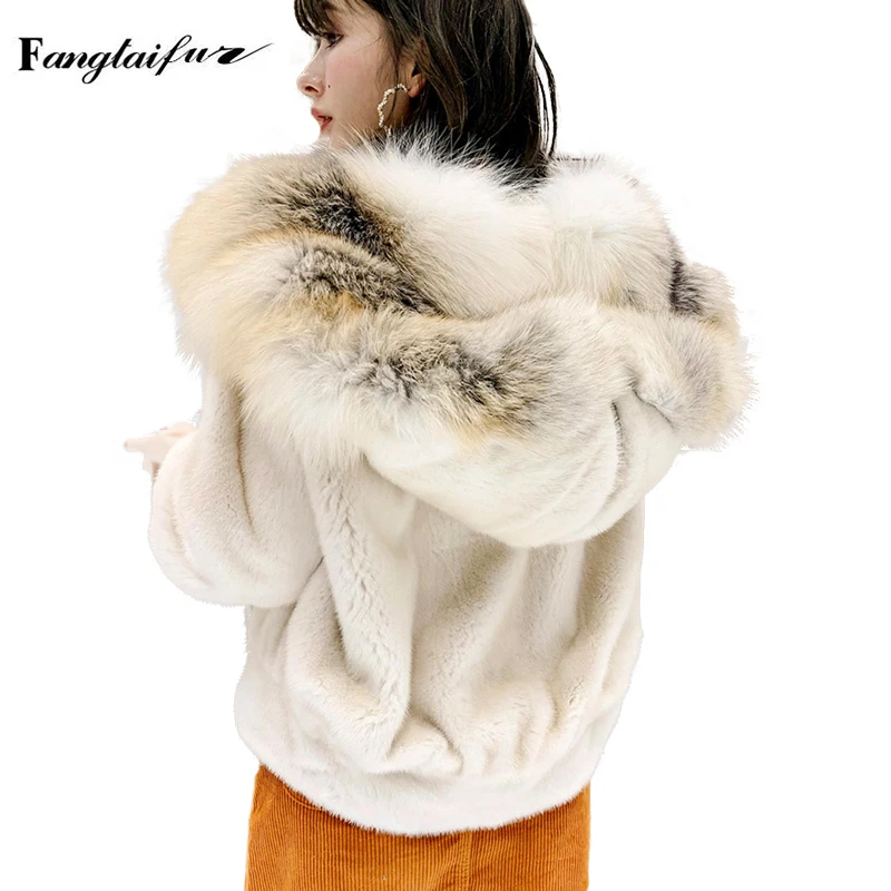 

Fang Tai Fur 2019 Women Imports Velvet Mink Fur Coat With Fox Fur Hood Loss Mink Coats Women's Short Slim Real Mink Fur Coats