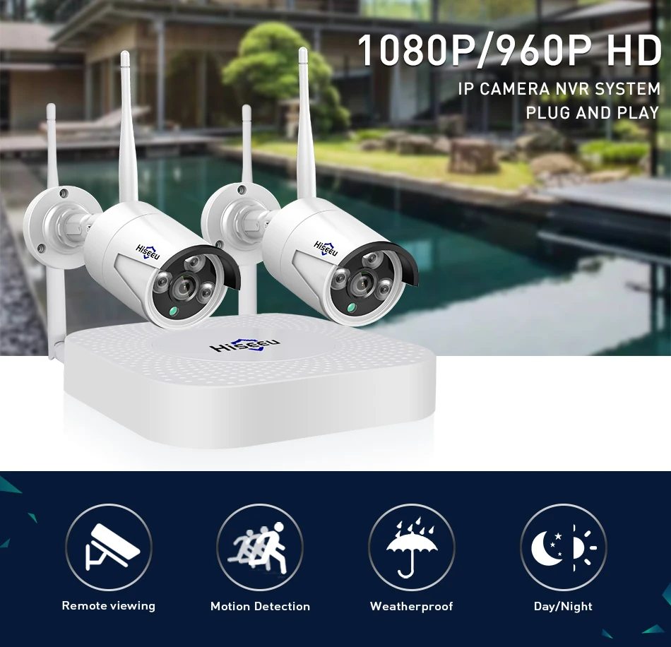 IP камера системы Hiseeu Wi-Fi система камер домашней безопасности, Wi-Fi, 4CH 1080P CCTV NVR комплект 2 шт. 960 P/1080 P беспроводная камера видеонаблюдения