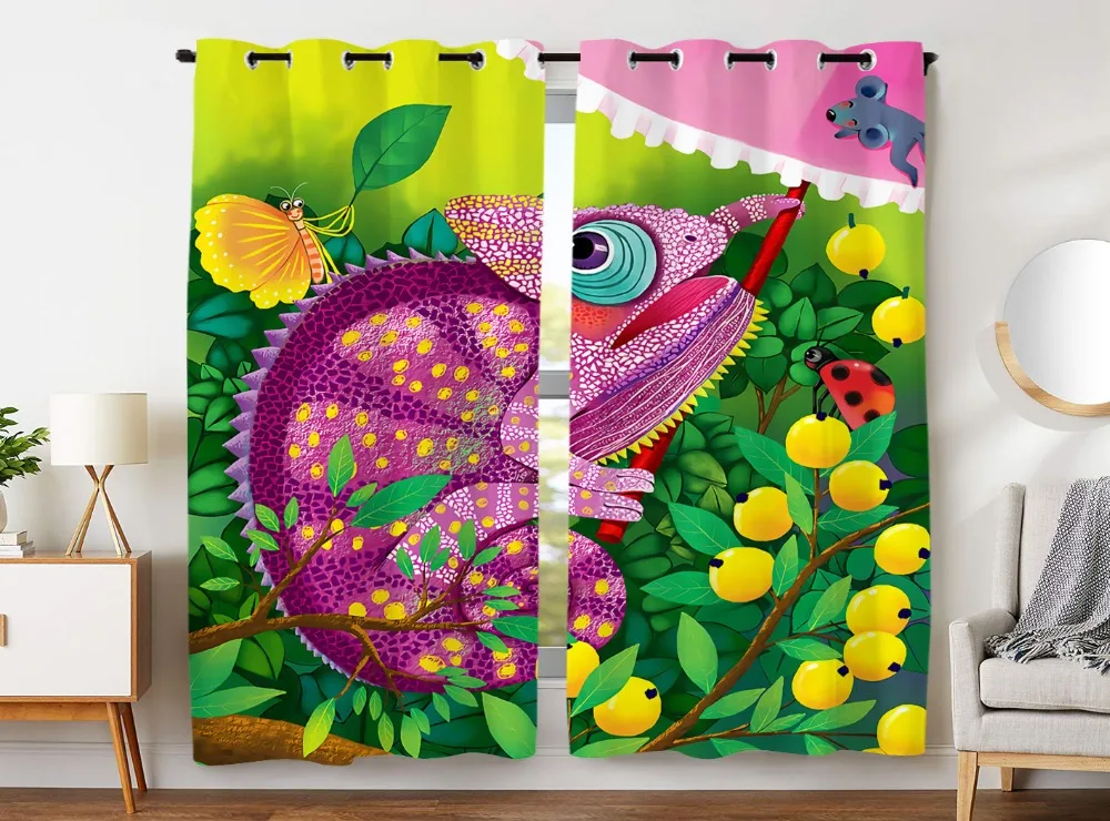 

HommomH Curtains (2 Panel) Grommet Top Darkening Blackout Room Cute Cartoon Chameleon Butterfly