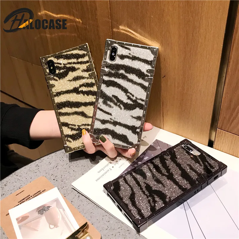 

HALOCASE Stylish Luxury square metal frame Zebra pattern Flash strap shell for iphone 6 7 8 plus X XR XS MAX phone case