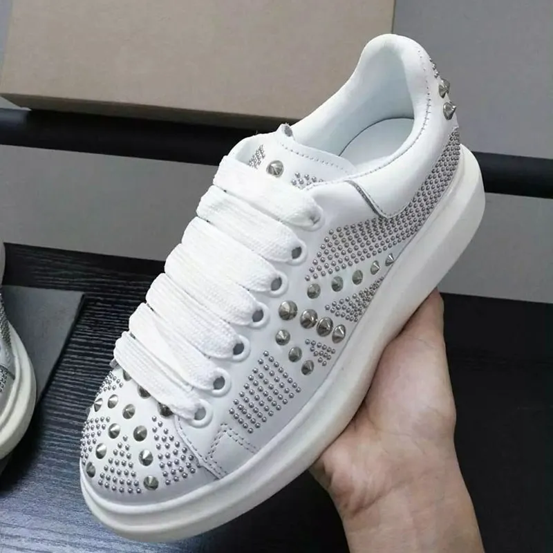 

thick heel silver metal rivet platform women's shoes brand design lace women's sports shoes leather women's casual sports sh
