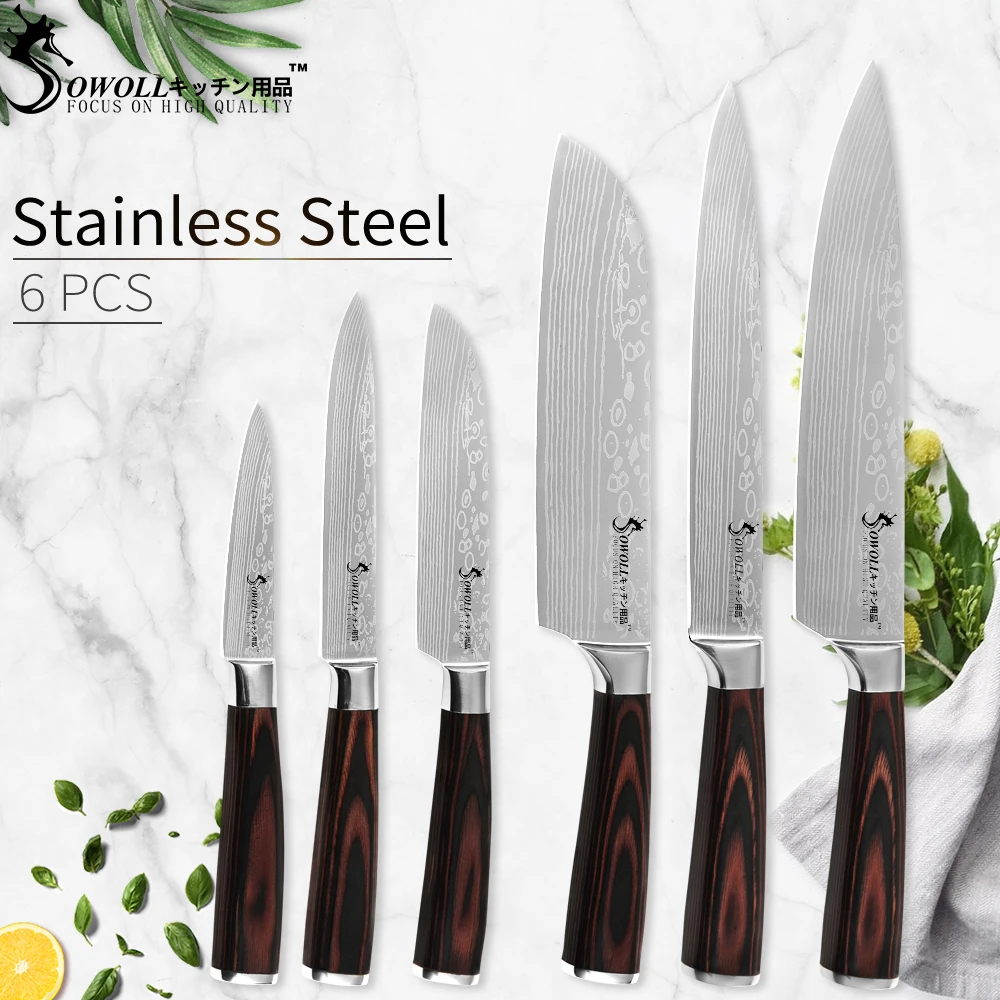 

Sowoll Stainless Steel Damascus Pattern Knife Chef Slicing Santoku Utility Paring Knife Gyutou Cooking Tools Kitchen Knife Set
