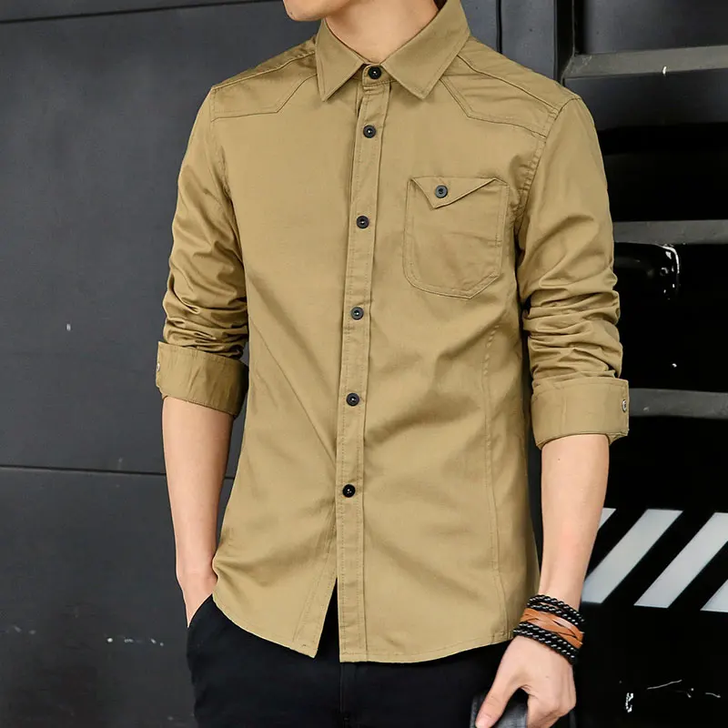  New Arrival 2019 Autumn Casual Men's Shirts Army Green Shirt Long Sleeve Slim Fit Shirt Male Safari