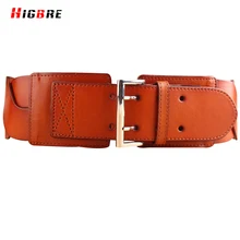 Black Brown Genuine Leather Wide Belts For Dresses Adornment Women Plus Elastic Wide Belt Cummerbunds Metal Buckle Waistband
