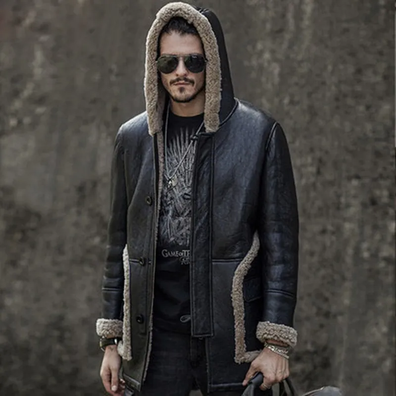 

New Men Genuine Leather Coat Long Winter Warm Coats With Hood Shearling Sheepskin Parkas Thick Wind-proof Overcoat 741