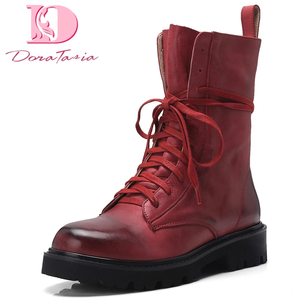 

Doratasia 2018 Cow Leather Platform Women Boot Woman Shoes Lace Up Ankle Boots genuine leather Hot Sale Shoes Woman boots