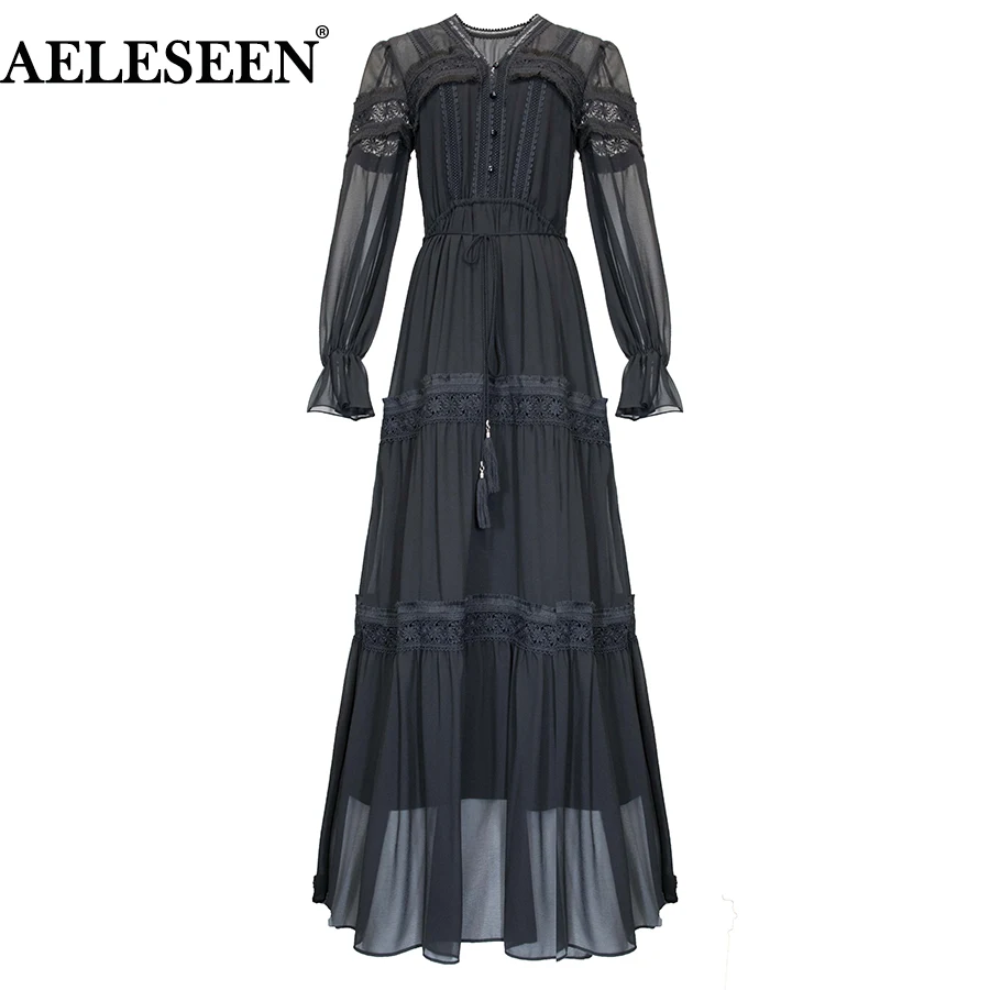 

AELESEEN Women Vintage Maxi Long Dress 2019 Spring Summer Black Dress Flower Embroidery Full Bow Ladies Elegant Party Dress