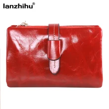 100% Women Genuine Leather Wallet Short Small Oil Wax Cowhide Purse Women’s Vintage Lady Leather Clutch Coin Purses Card Holder