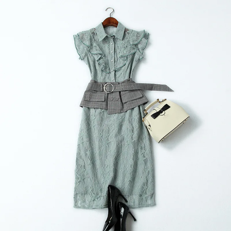 

Lace Dress Ladies 2019 Spring Summer New Turn Down Collar Ruffles Sleeveless Slim Belted Elegant One Step Dress Knee Length S-XL