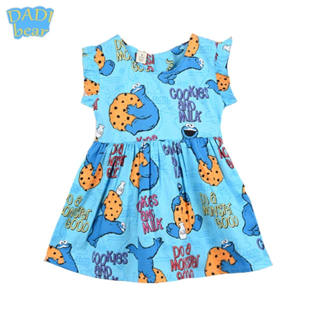 Funny Blue Cookie Monster Print Baby Girls Dress Fly Sleeve Princess