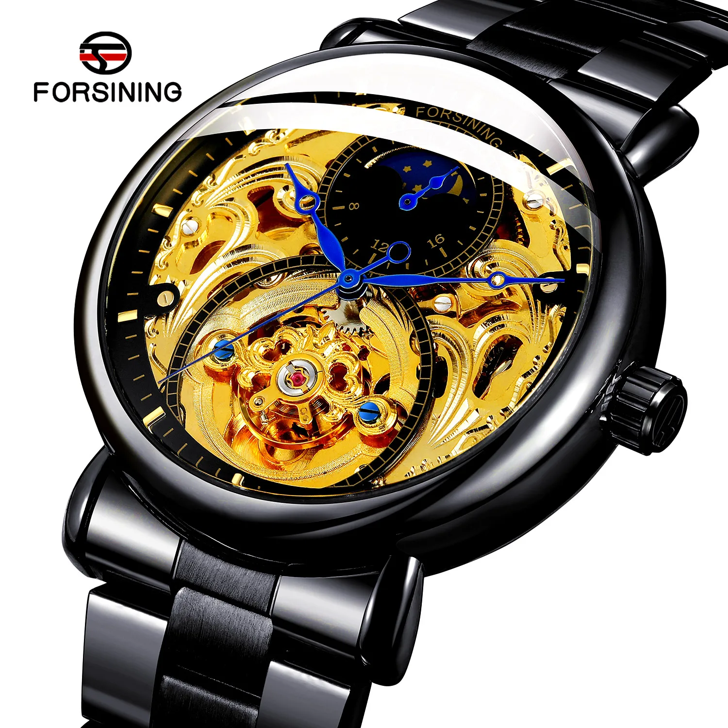

Forsining Men Black Golden Moon Phase Automatic Mechanical Watch Stainless Steel Self-wind Male Clock