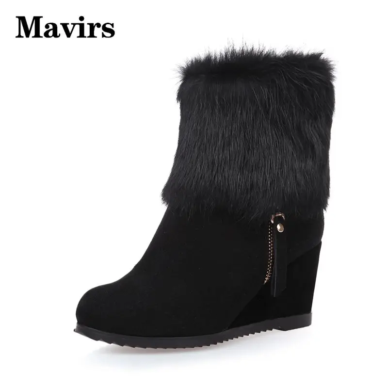 

Mavirs Ankle boots 2017 New Wedges Women Boots Fashion High-heeled Suede Rabbit fur Black Brown Zipper Round toe Ladies shoes