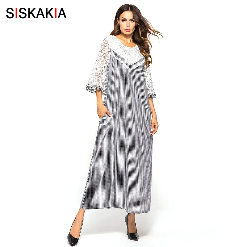 Siskakia, длинное платье макси, клетчатое, лоскутное, кружевное, дизайнерское, тонкое, свободное платье, повседневное, с вырезами, с расклешенными рукавами, для женщин, платья, Израиль, серый