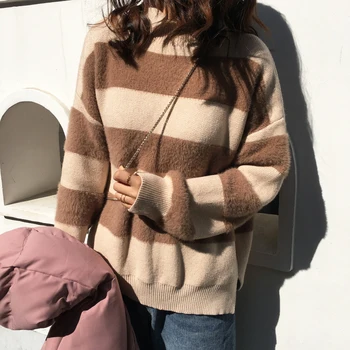 

Sweater Women 2019 Spring Autumn Lady Knitted Pullover Fashion Long Sleeve Warm Striped Sweaters Loose Oversize Pullovers Female