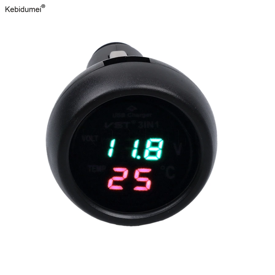 kebidumei Hot 3 in1 Digital Voltmeter Thermometer 12/24V Cigarette Lighter USB Car Charger New