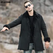 Kожаная куртка мужская из настоящей кожи FLAVOR, тренчкот из натуральной овчины, длинное пальто для зимы