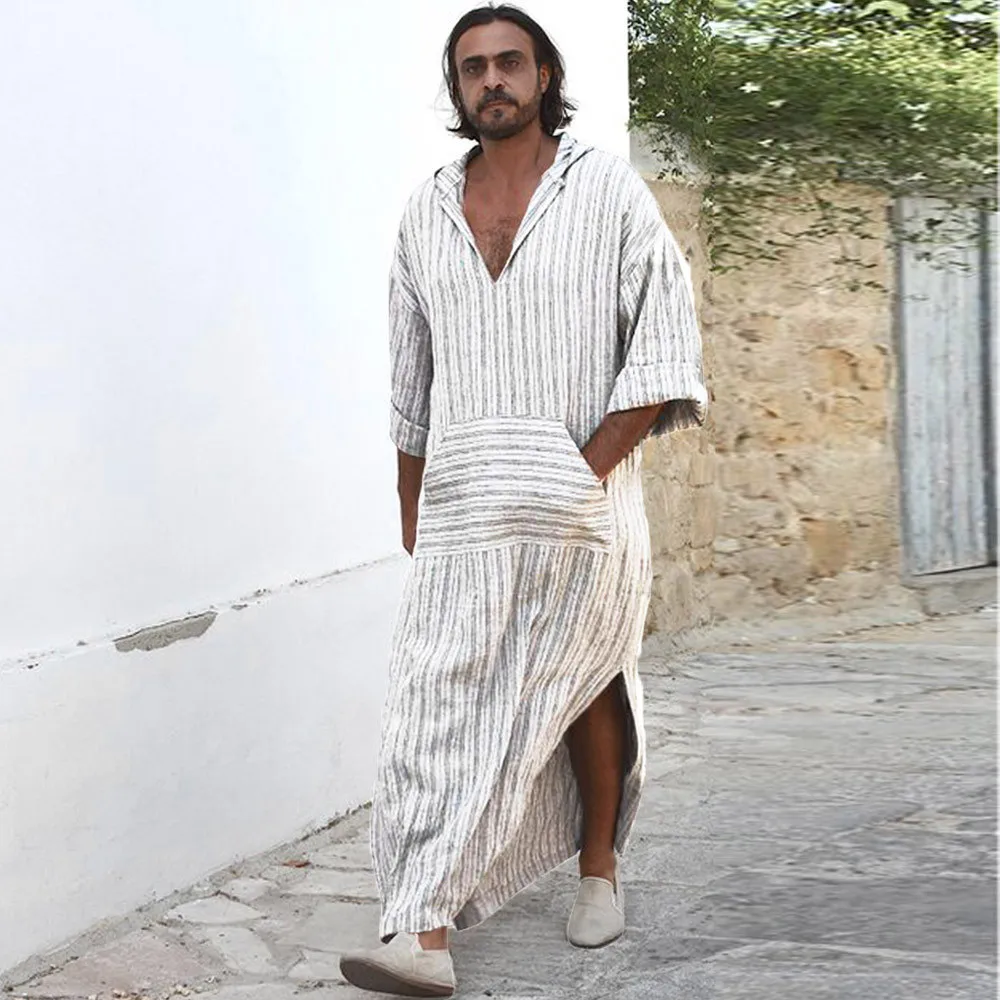 

Mens Ethnic Robes Loose Striped Long Sleeve Hooded Vintage Casual Dress Kaftan men's t shirt casual 2018 Vintage Dress Kaftan