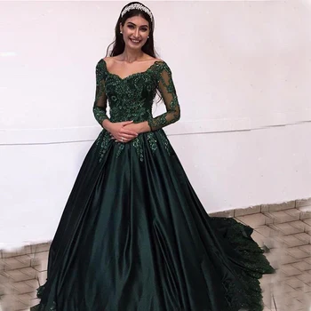 

Vestidos De Formal Green Prom Dresses Long Sleeves V-neck Appliques Beaded Satin Evening Dresses Party Gowns 2019